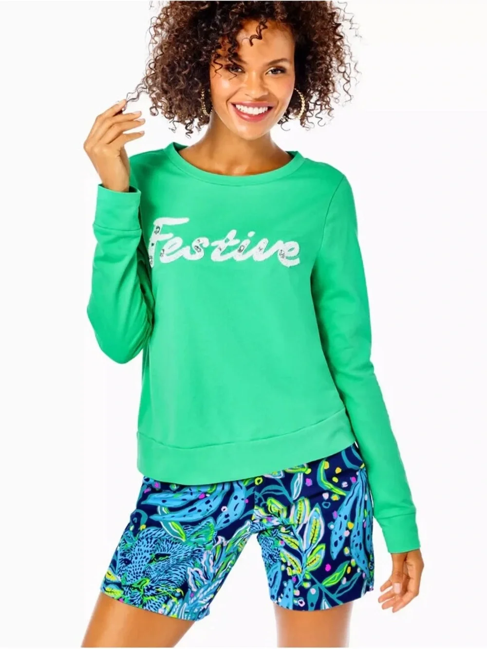 Lilly Pulitzer Rami Festive Green Sequined Beaded Cotton Sweatshirt - Picture 1 of 4